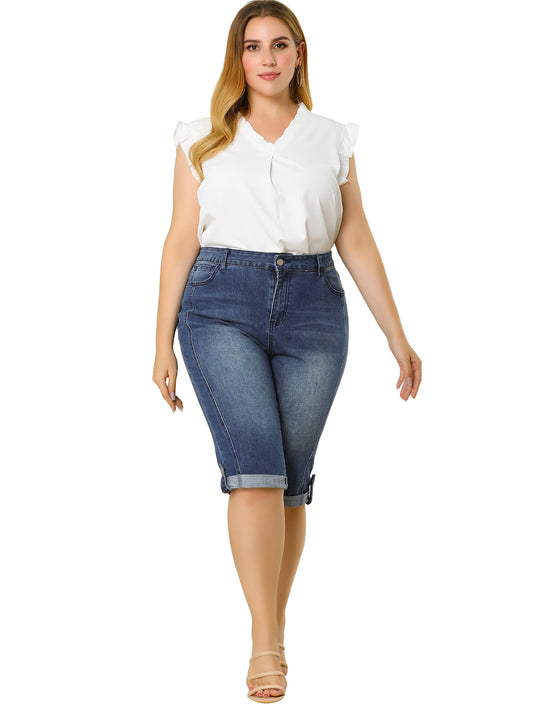 Vaqueros capri de mezclilla de talla grande para mujer, ajustados, elásticos, de tiro medio y con bolsillos