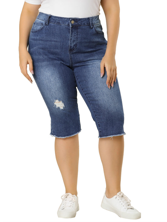 Women Plus Size Jeans Ripped Slash Pocket Raw Hem Jean Jeggings Denim Capri Shorts