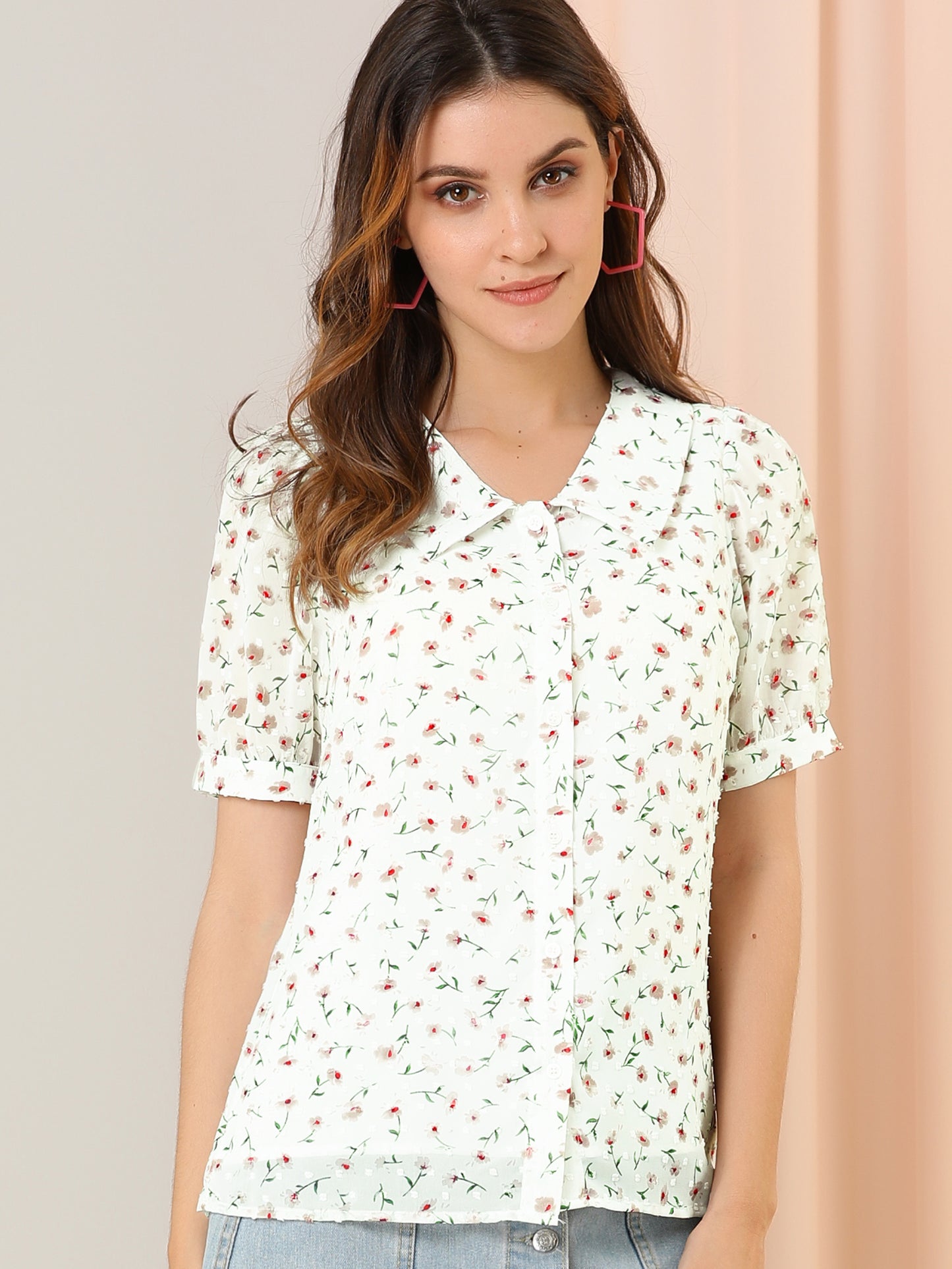Women's Floral Blouse Swiss Dots Textured Semi Sheer Short Sleeve Collar Shirt