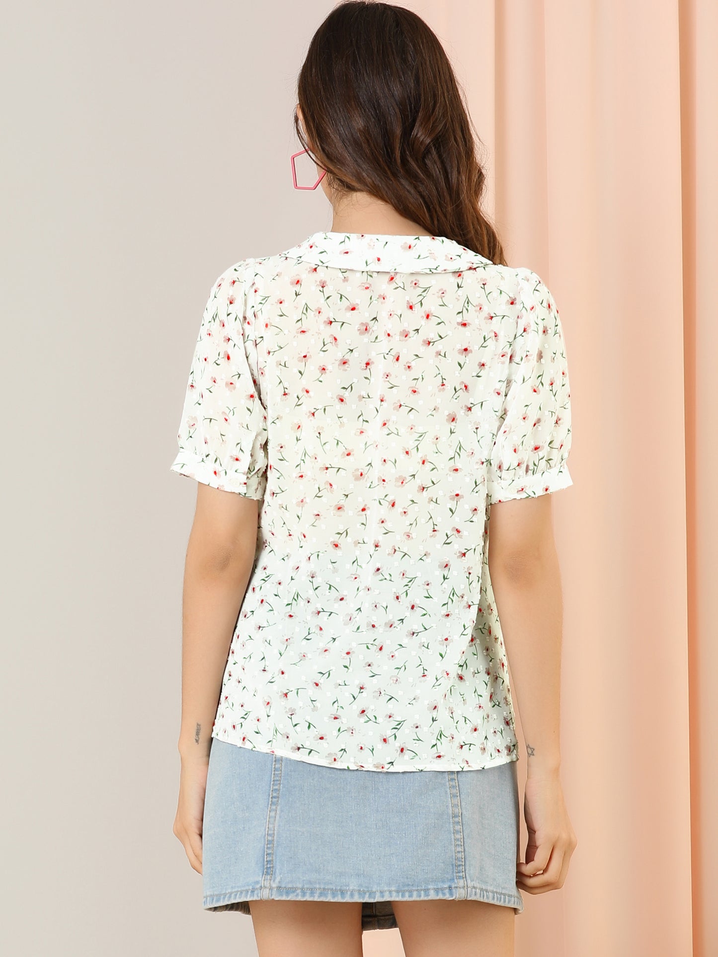 Women's Floral Blouse Swiss Dots Textured Semi Sheer Short Sleeve Collar Shirt