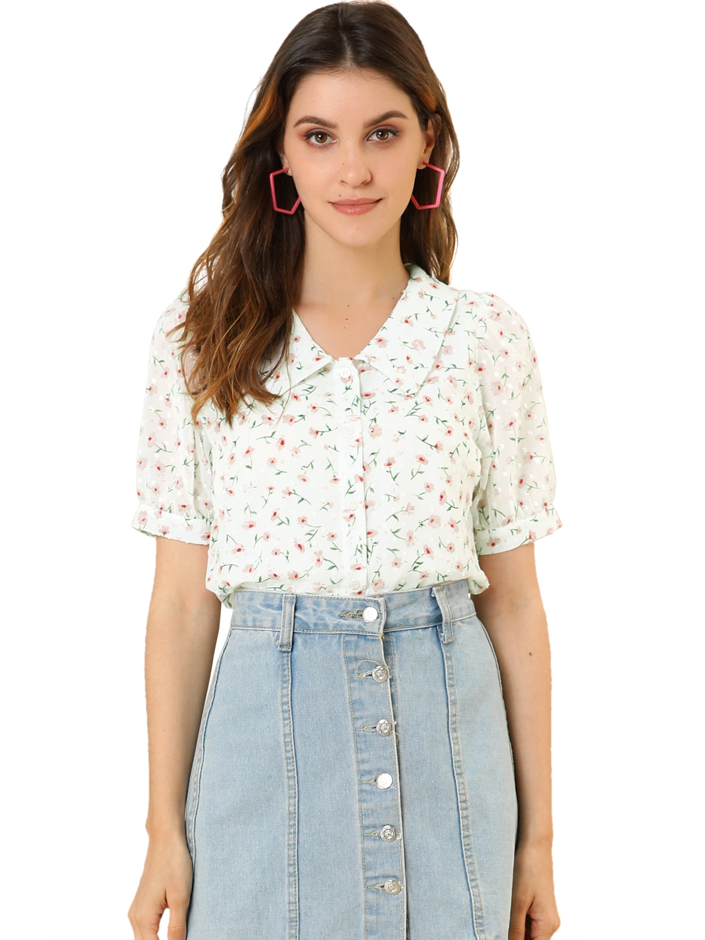 Women's Floral Blouse Swiss Dots Textured Semi Sheer Short Sleeve Collar Shirt
