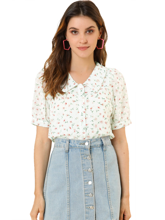 Women's Floral Blouse Swiss Dots Textured Semi Sheer Short Sleeve Collar Shirt