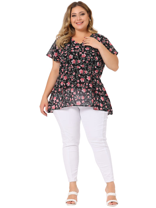 Women Plus Size Summe Tops V Neck Short Sleeve layered Floral Blouse