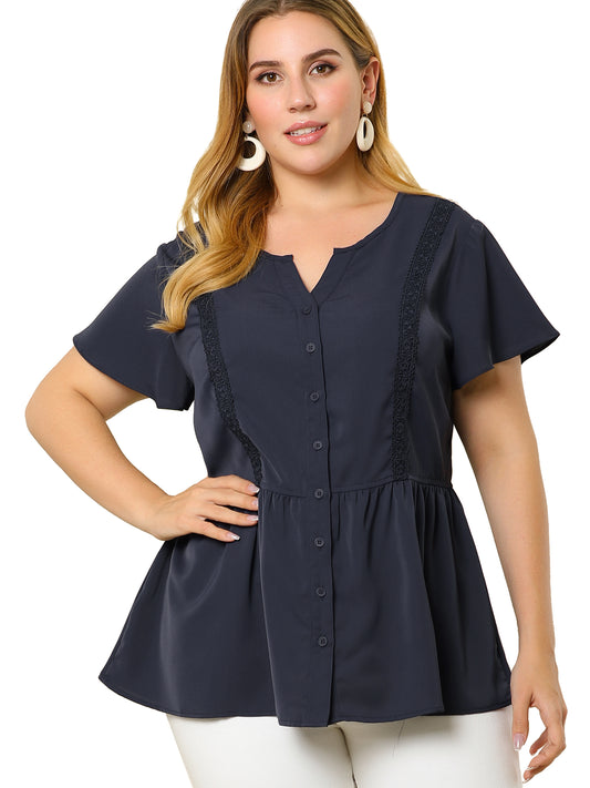 Women Plus Size Blouse Shirt Button Down V Neck Short Sleeve Flare Peplum Top