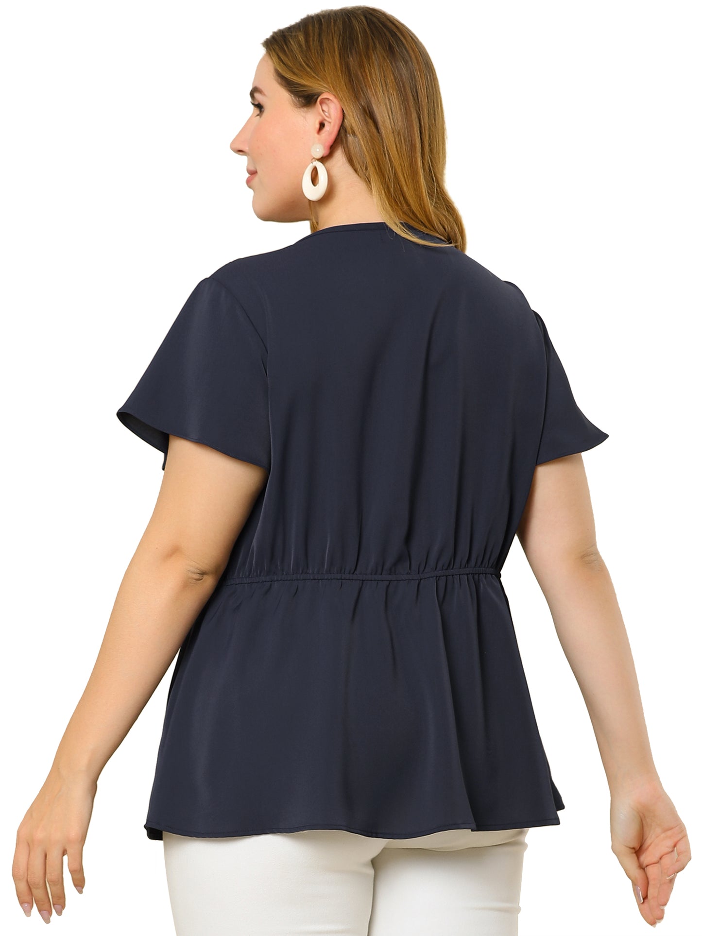 Women Plus Size Blouse Shirt Button Down V Neck Short Sleeve Flare Peplum Top