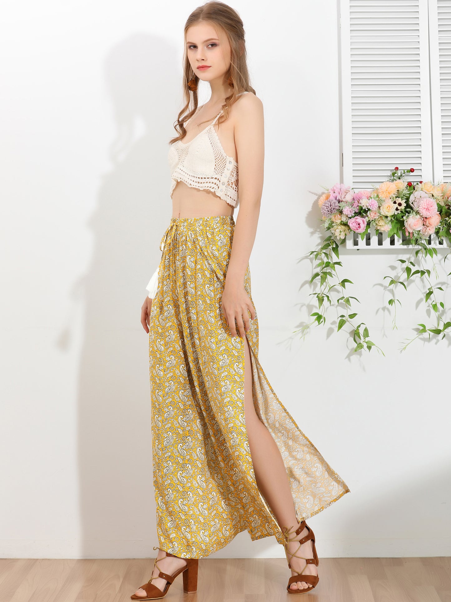 Women's Boho High Waist Drawstring Split Flowy Wide Leg Pants