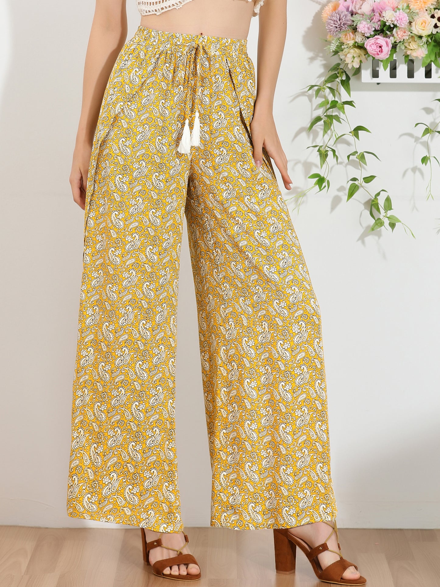 Women's Boho High Waist Drawstring Split Flowy Wide Leg Pants