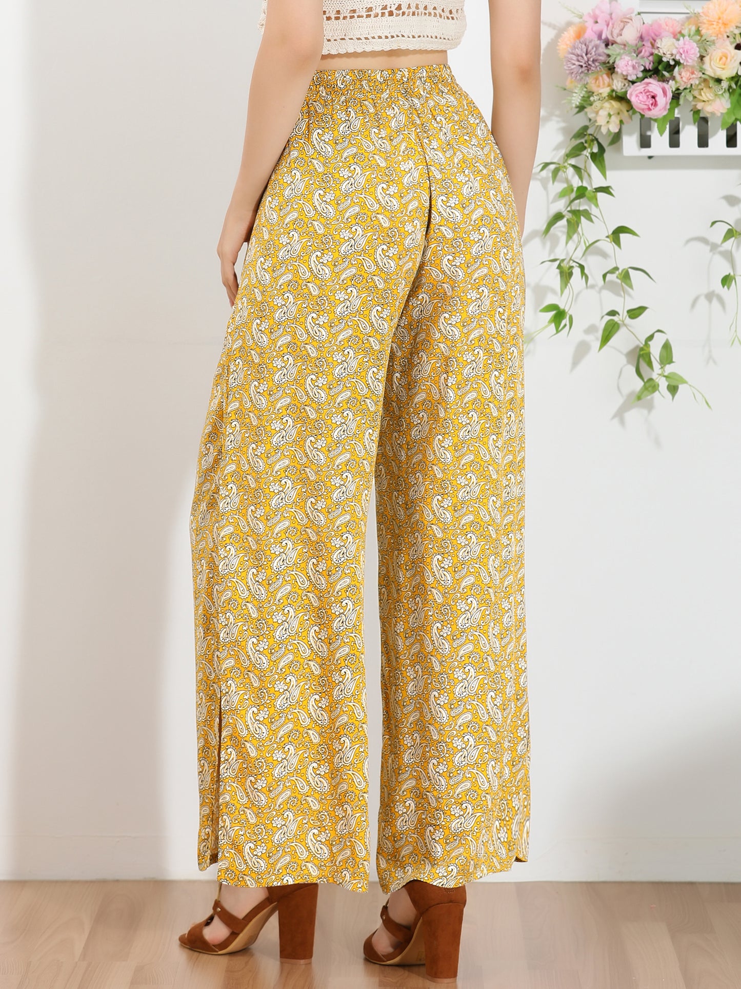 Women's Boho High Waist Drawstring Split Flowy Wide Leg Pants