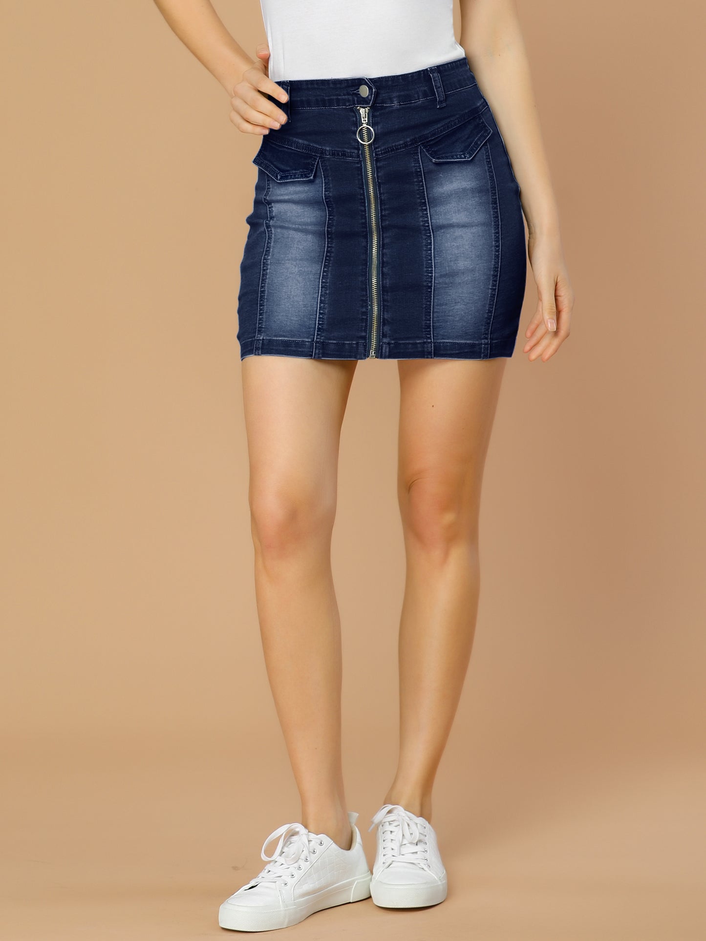 Women's Bodycon Denim Skirts Stretch Washed Zip Front Jean Mini Skirt