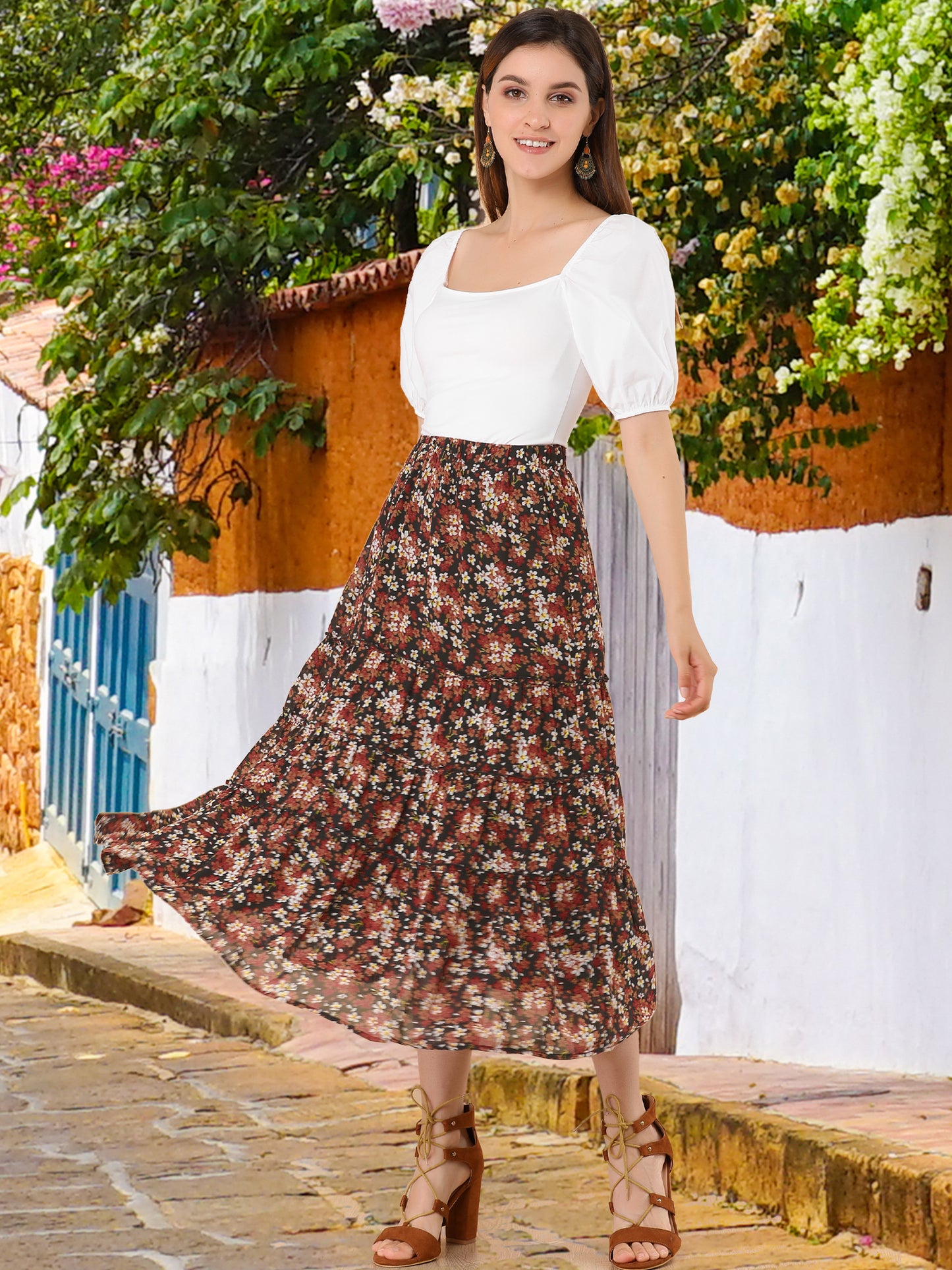 Women's Floral Chiffon A-Line Tiered Ruffle Midi Skirt (Available in Plus Size)