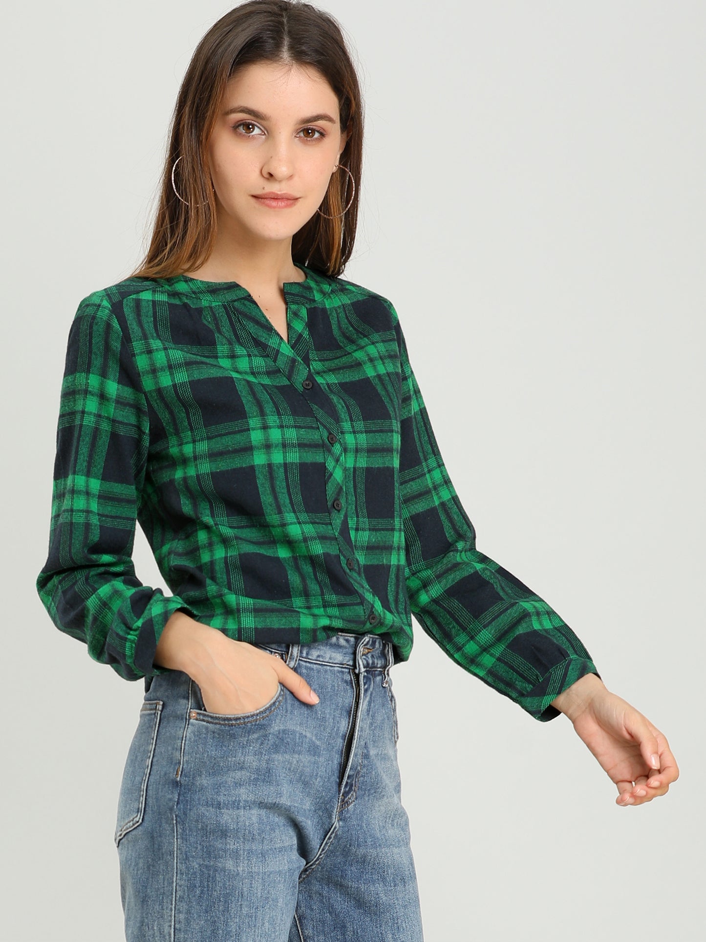 Women's Plaid Shirt Button Up V Neck Long Sleeve Top
