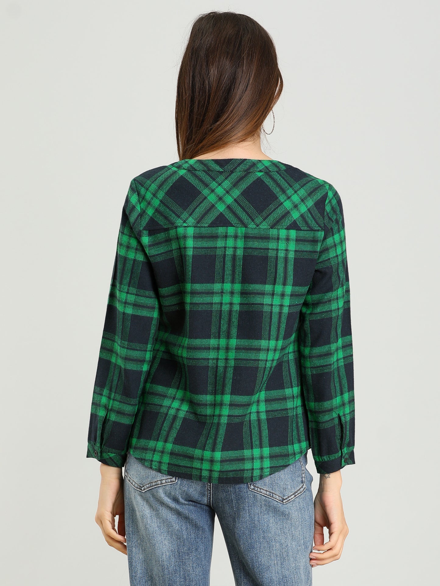 Women's Plaid Shirt Button Up V Neck Long Sleeve Top