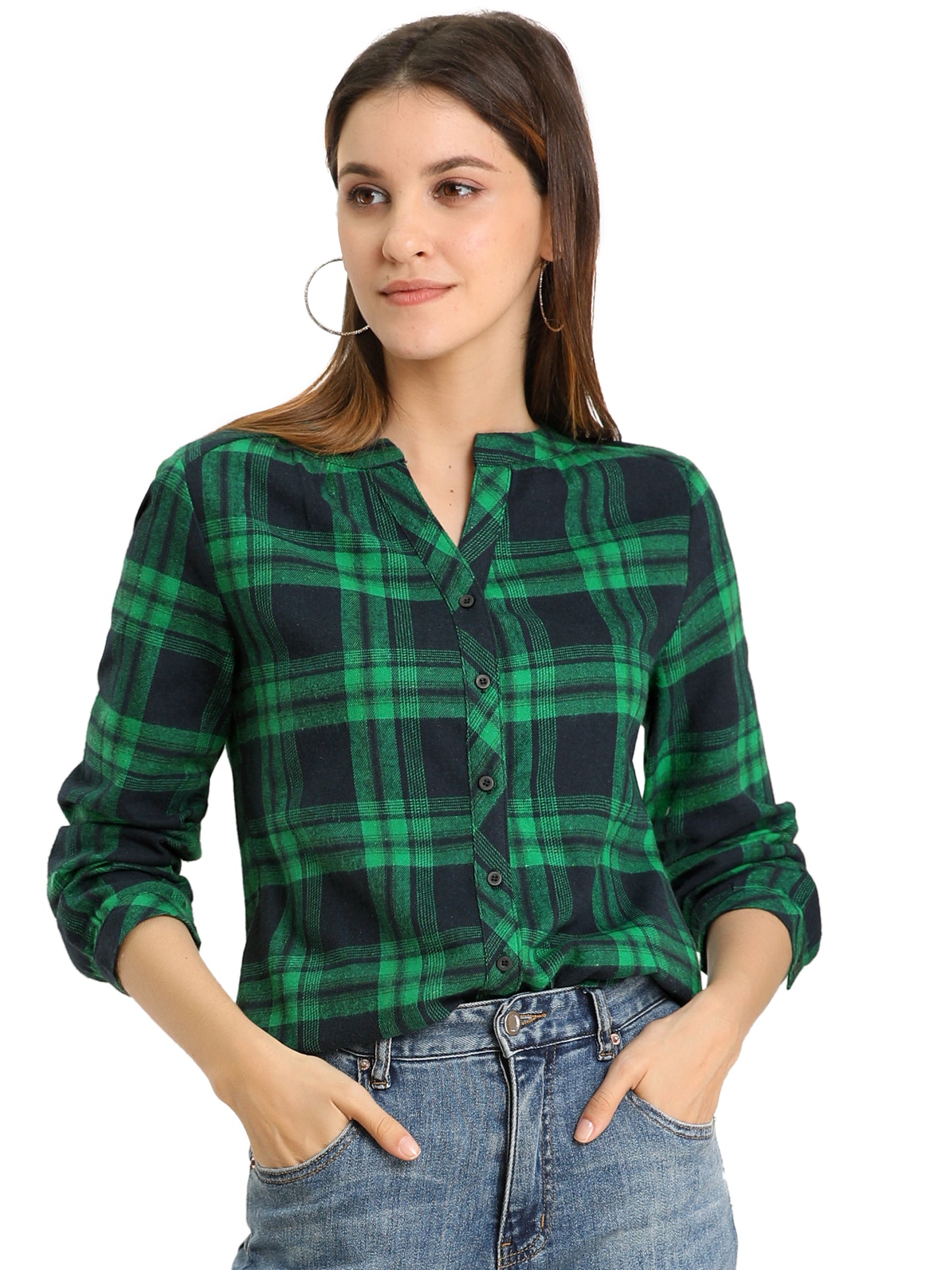 Women's Plaid Shirt Button Up V Neck Long Sleeve Top