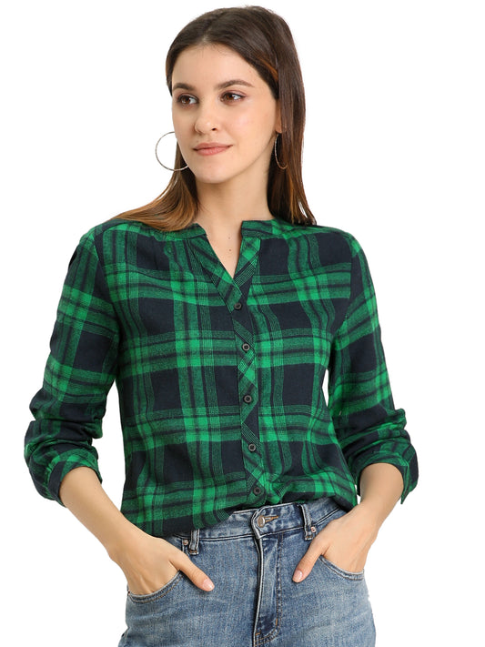 Women's Plaid Shirt Button Up V Neck Long Sleeve Top