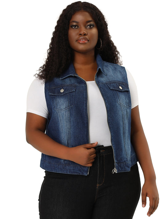 Women Plus Size Denim Vest Sleeveless Zip Up Button Down Waistcoat Jeans Jackets Vests