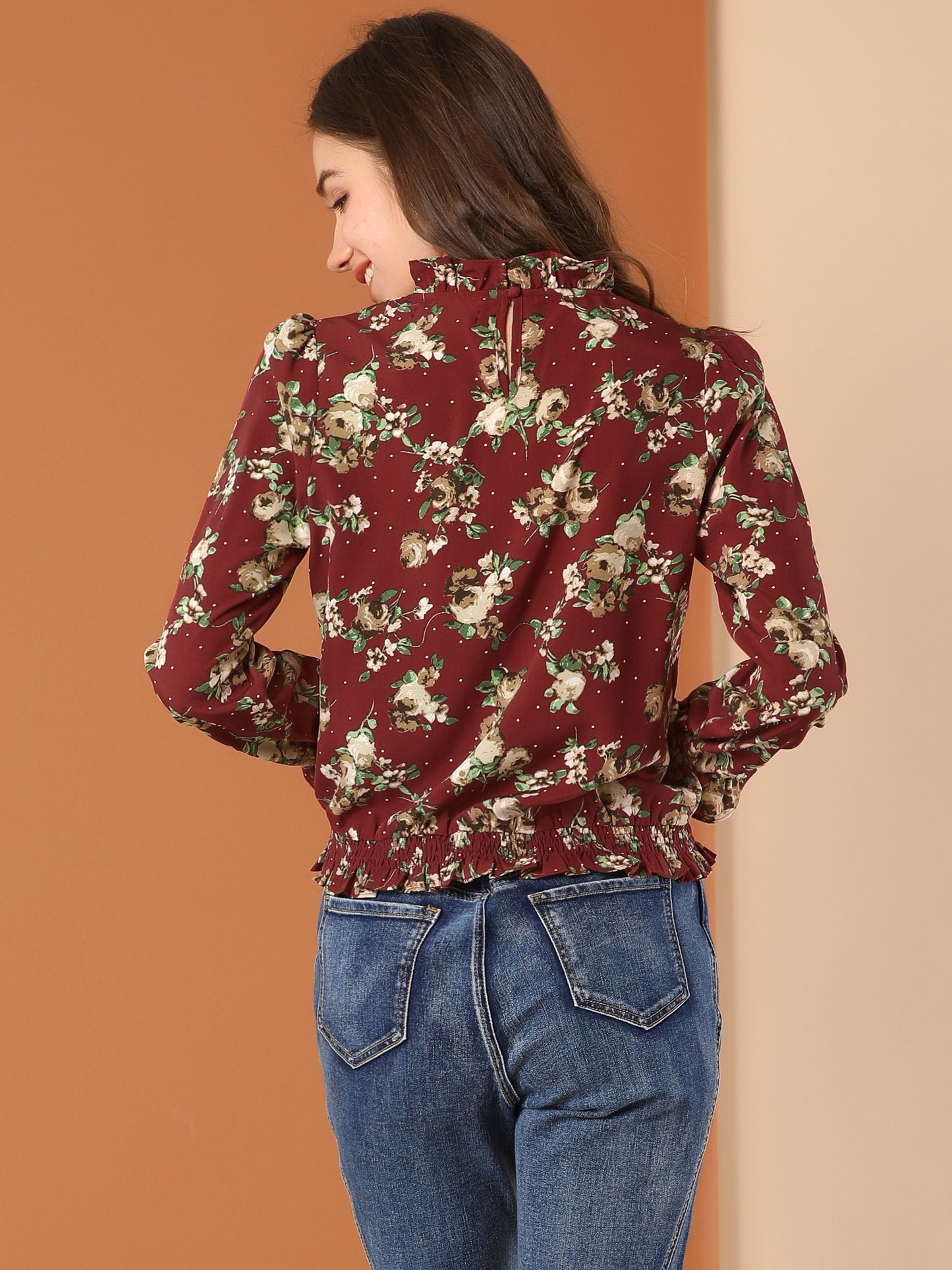 Women's Ruffled Floral Printed Vintage Collared Smocked Waist Blouse