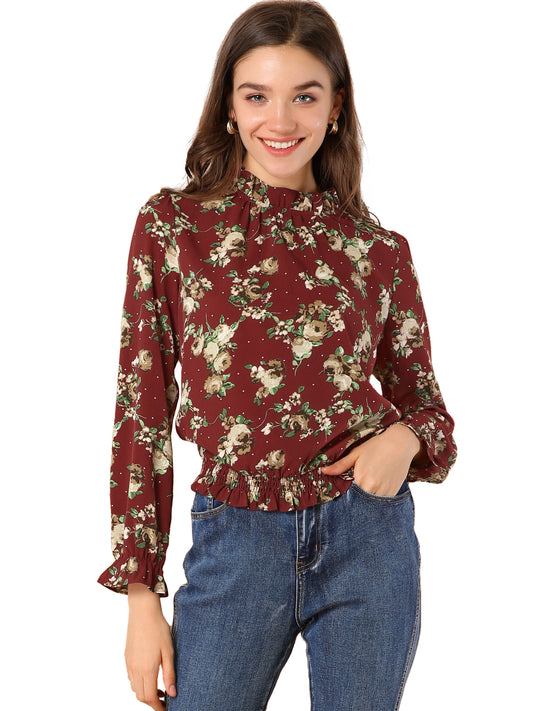 Women's Ruffled Floral Printed Vintage Collared Smocked Waist Blouse