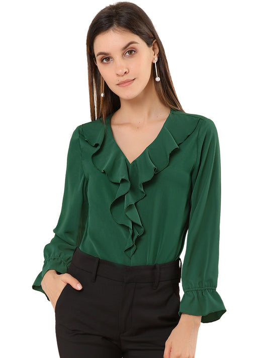 Blusa elegante con volantes para mujer, cuello en V, manga larga, informal y elegante (disponible en tallas grandes)