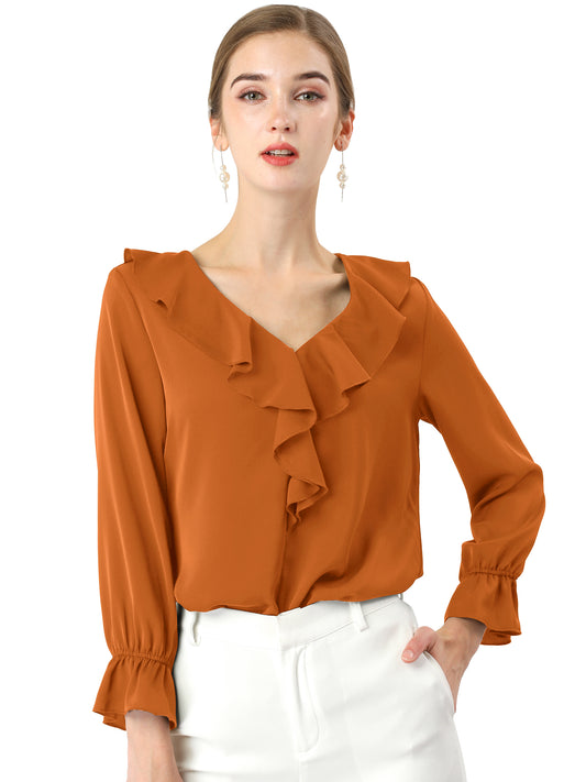 Blusa elegante con volantes para mujer, cuello en V, manga larga, informal y elegante (disponible en tallas grandes)