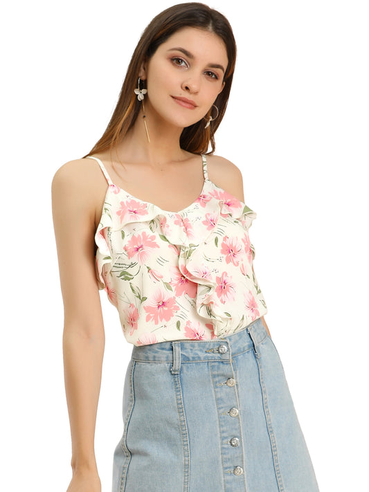 Women's Ruffle Spaghetti Strap Tank Floral Cami Top