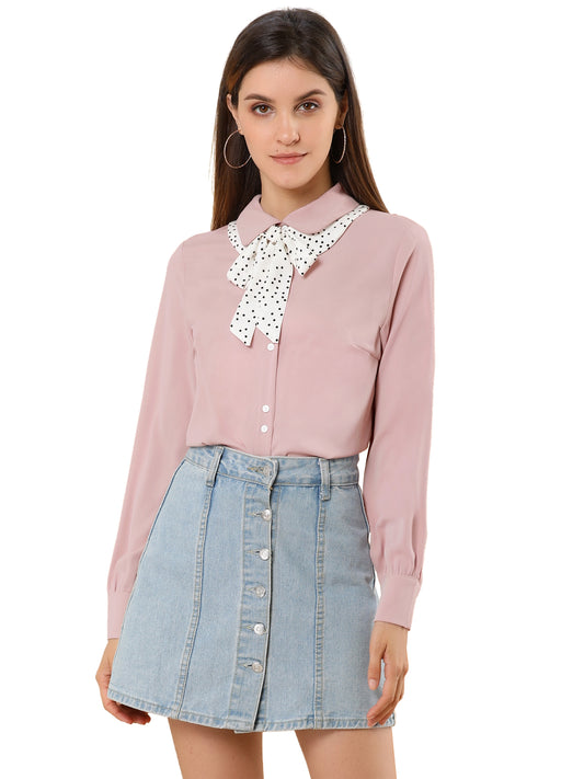 Women's Peter Pan Collar Long Sleeve Button Up Bow Tie Collar Shirt