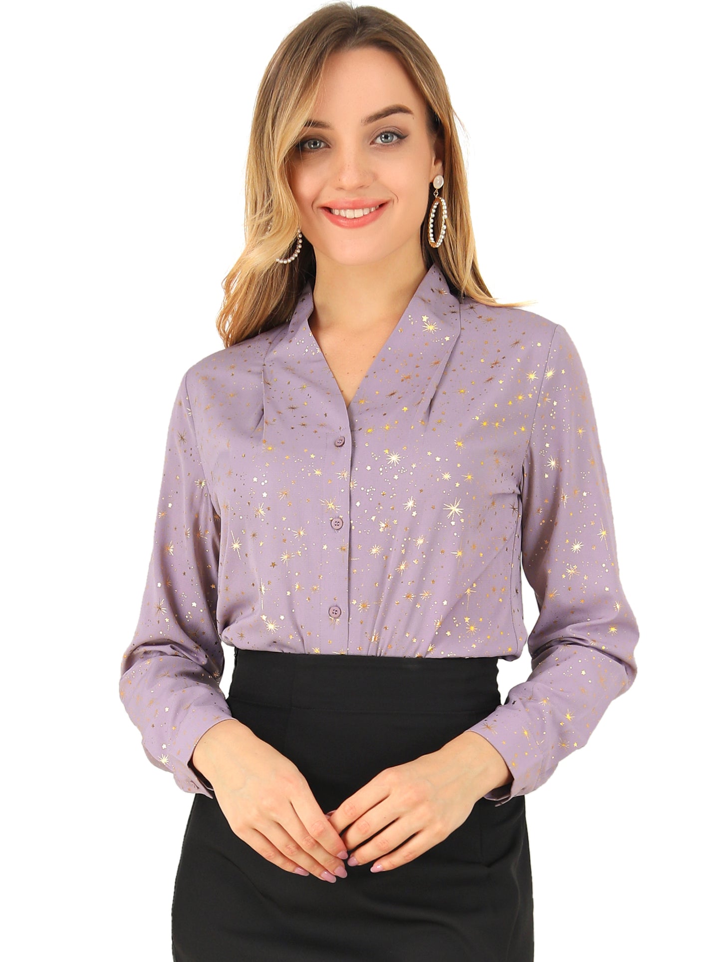 Women's Metallic Patterned V Neck Long Sleeve Gilding Sparkly Shirt (Available in Plus Size)