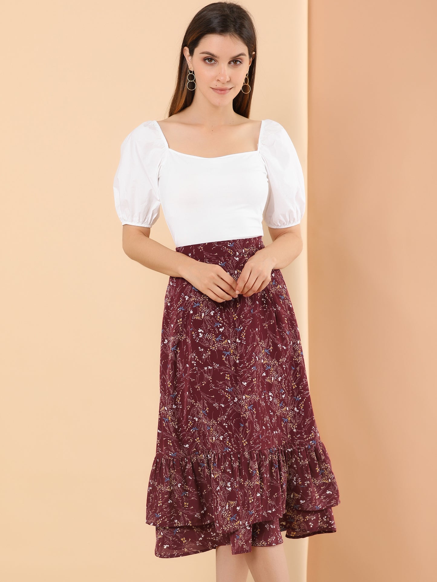 Women's Printed Skirt Summer Chiffon Ruffle Tiered Flowy Midi Skirt