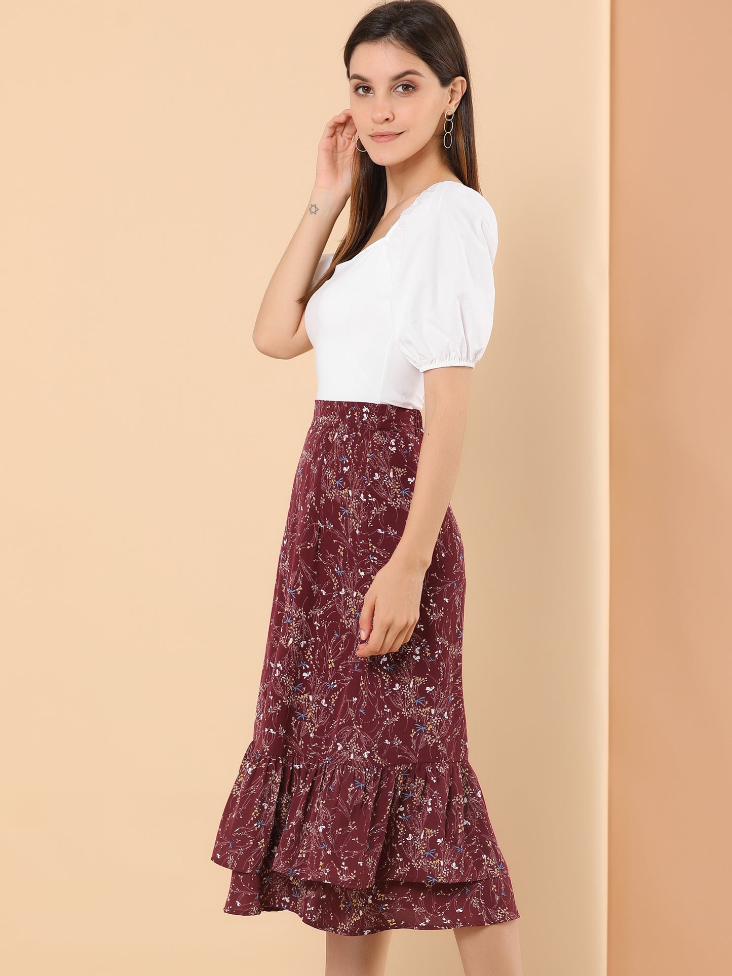 Women's Printed Skirt Summer Chiffon Ruffle Tiered Flowy Midi Skirt
