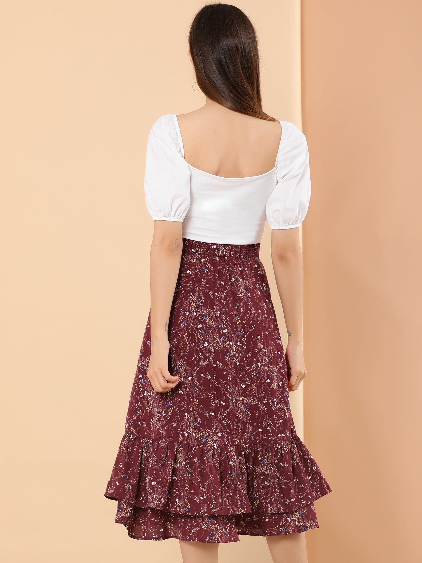 Women's Printed Skirt Summer Chiffon Ruffle Tiered Flowy Midi Skirt