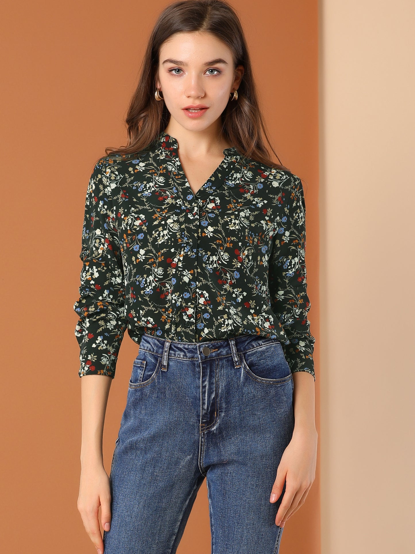 Women's Chiffon V Neck Long Sleeve Tunic Top Floral Button Up Shirt (Available in Plus Size)