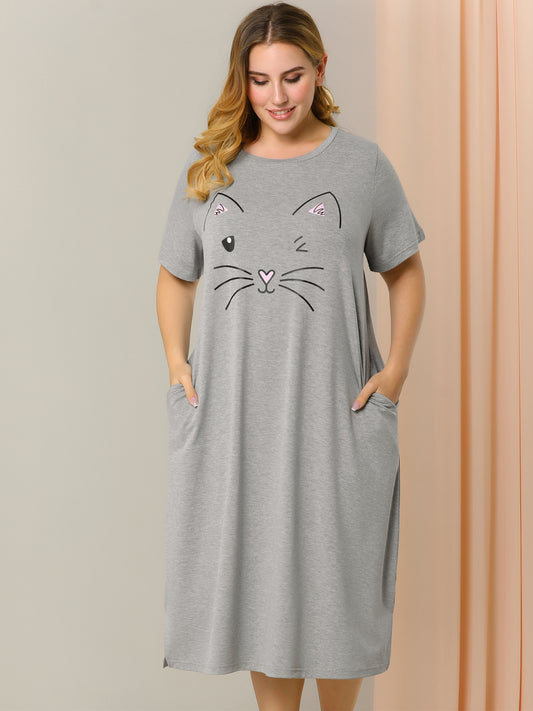 Women's Plus Size Nightgowns Pajama Dress Cute Cat Loose Loungewear with Pockets