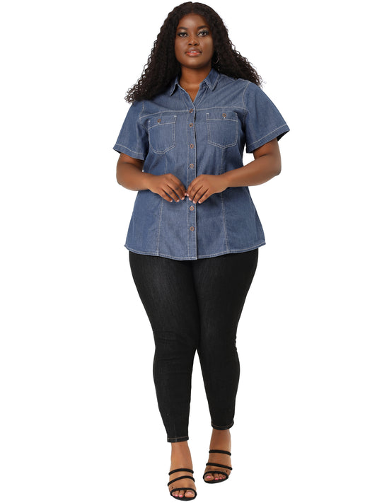 Women Plus Size Denim Shirts Short Sleeve Chambray Button Down Casual Shirt