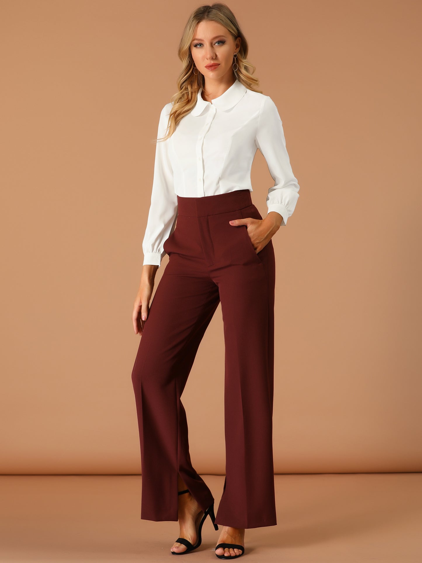 Women's Peter Pan Collar Blouse Business Casual Long Sleeve Button Down Work Shirt