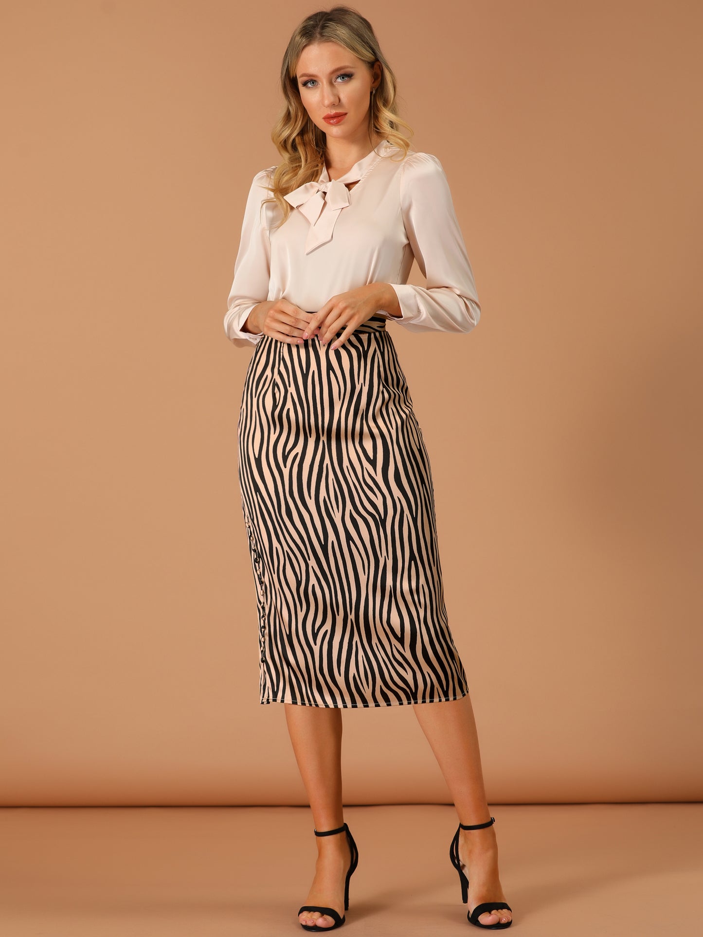 Women's Zebra Animal Print High Waist Side Slit A-Line Midi Skirt