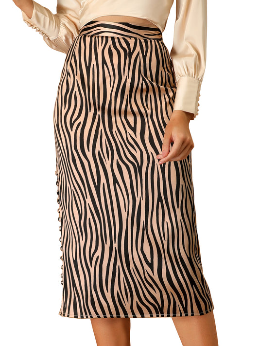 Women's Zebra Animal Print High Waist Side Slit A-Line Midi Skirt