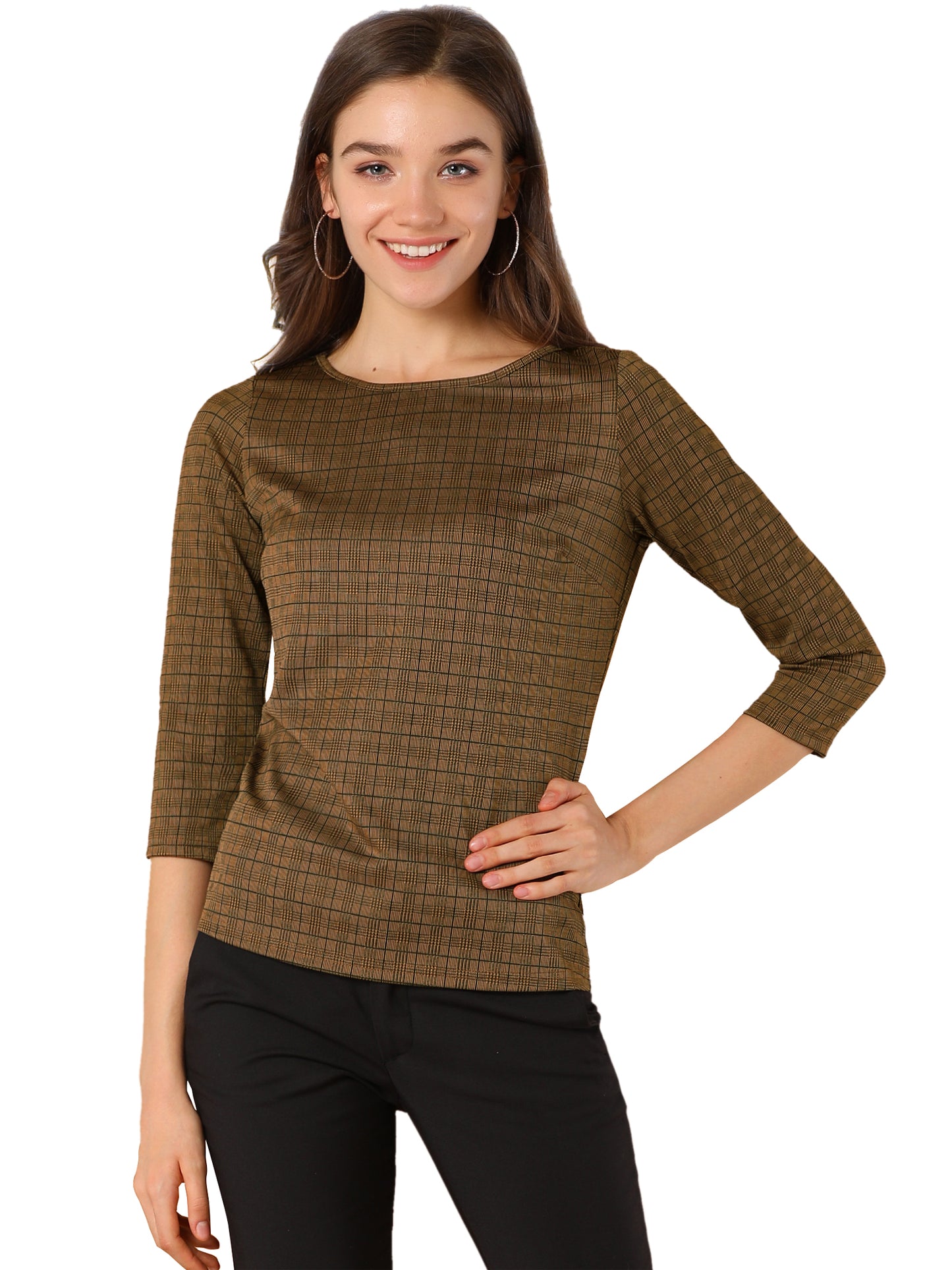 Women Houndstooth Plaid Boat Neck 3/4 Sleeve Blouse Fall Outfits
