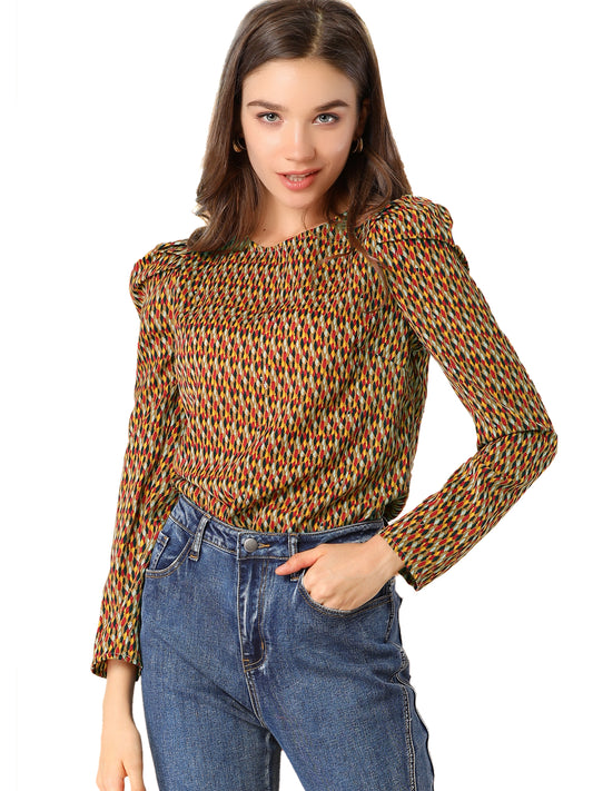 Women's Puff Long Sleeve Round Neck Puffy Chiffon Blouse Top