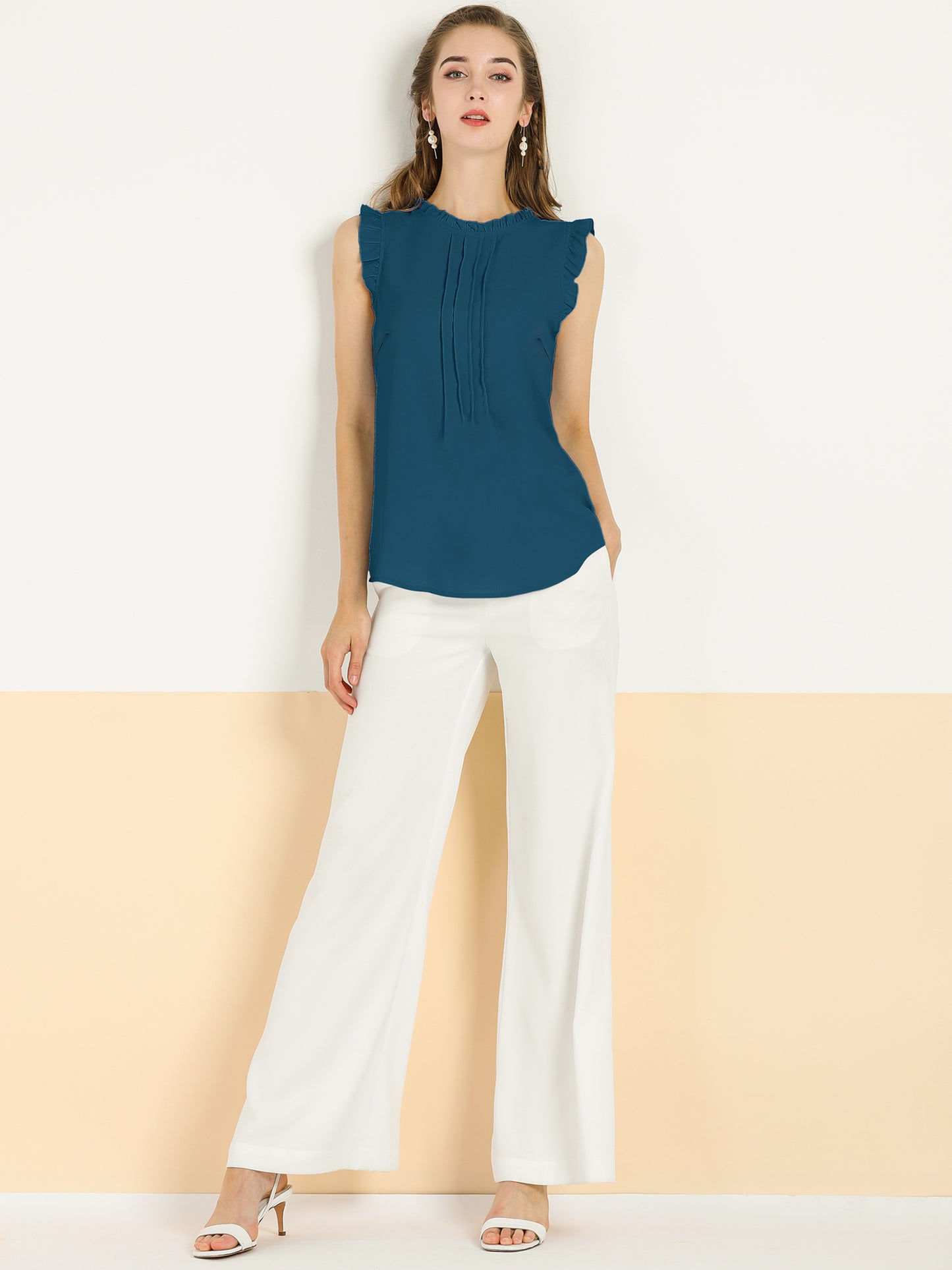 Women's Business Casual Sleeveless Ruffle Blouse Top (Available in Plus Size)