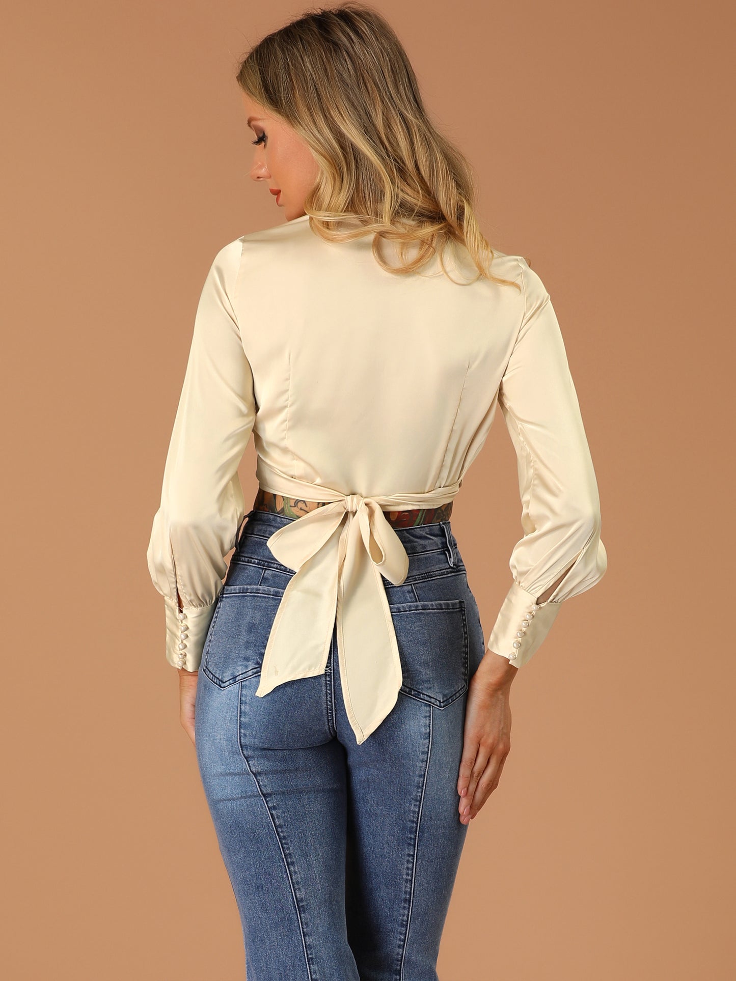 Women's Wrap Tie Front Top Deep V Sexy Self Tie Satin Crop Top