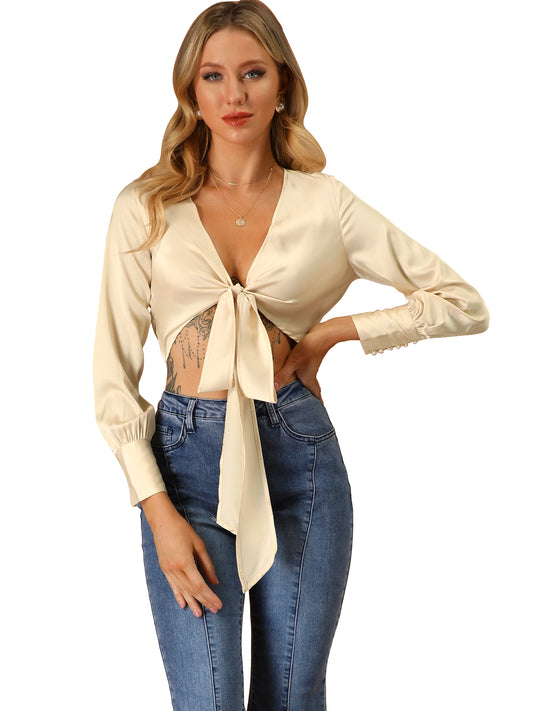 Women's Wrap Tie Front Top Deep V Sexy Self Tie Satin Crop Top