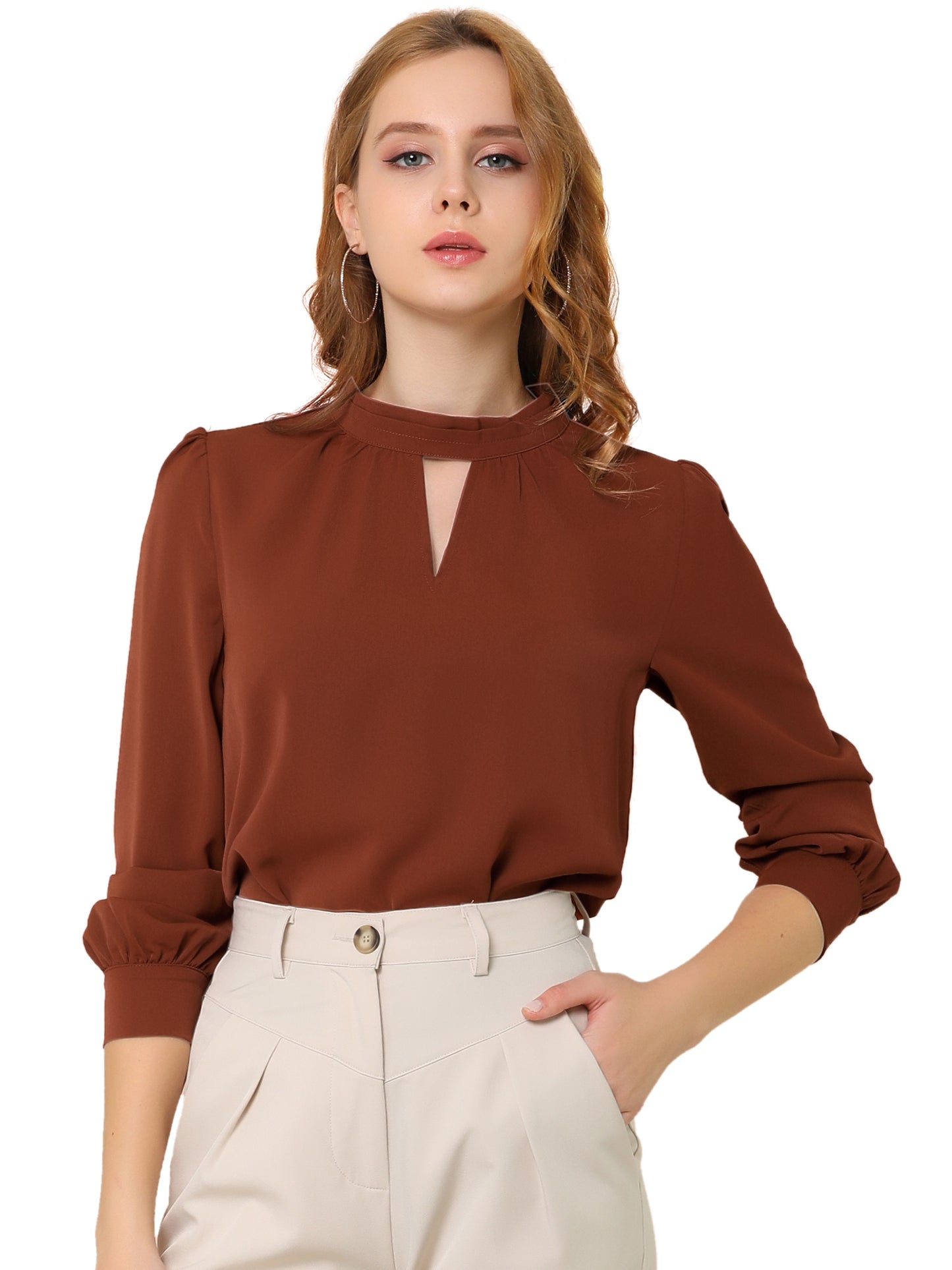 Women's Work Tops Business Casual Shirt Elegant Stand Collar Keyhole Long Sleeve Blouse (Available in Plus Size)