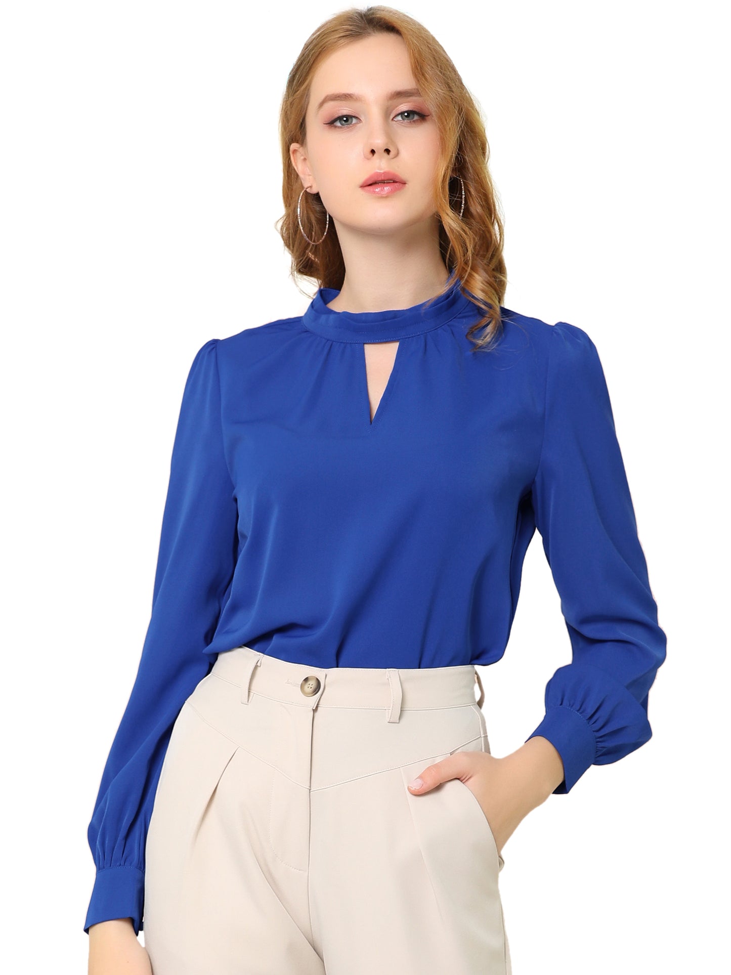 Women's Work Tops Business Casual Shirt Elegant Stand Collar Keyhole Long Sleeve Blouse (Available in Plus Size)