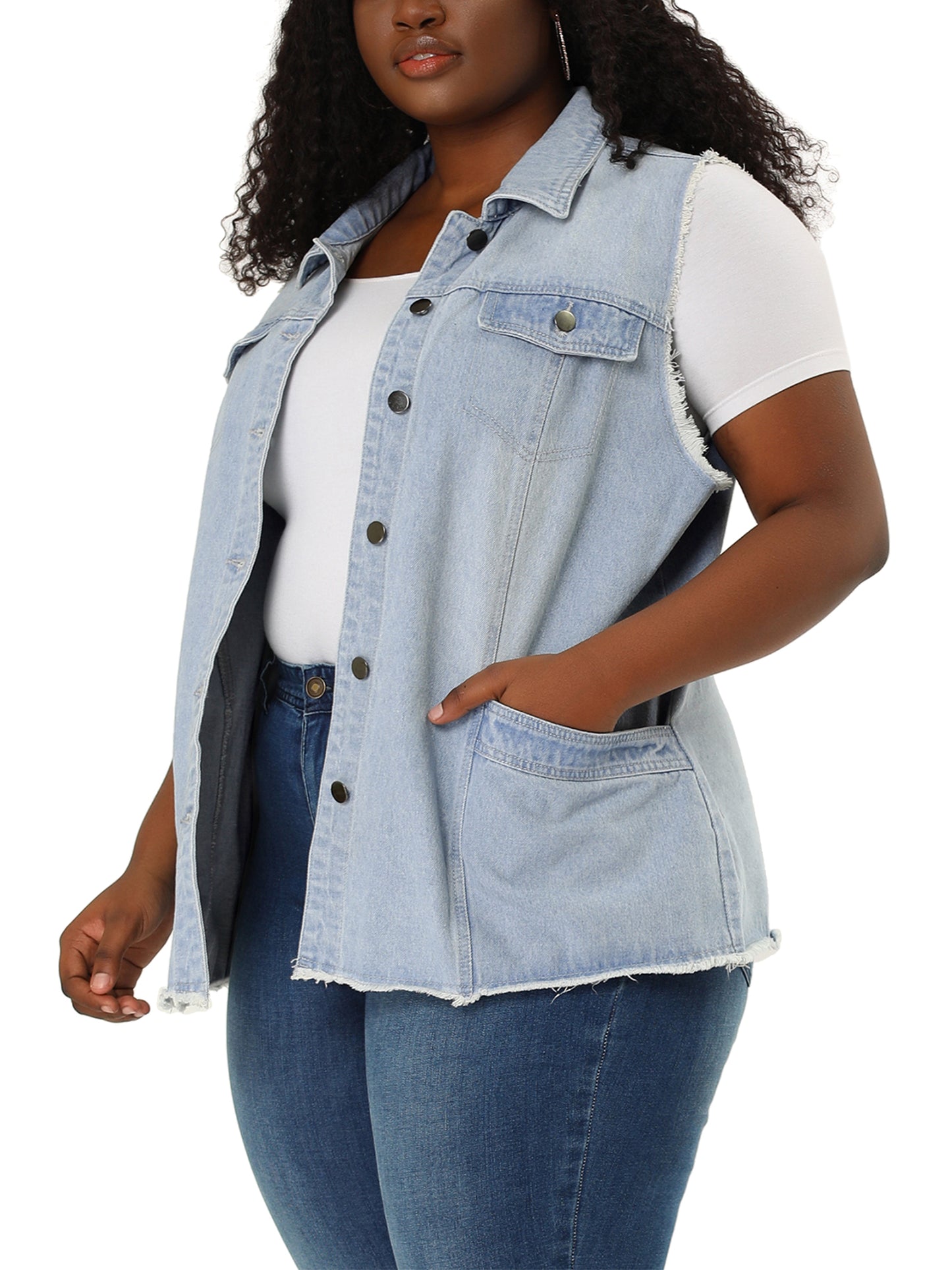 Chaqueta vaquera de talla grande para mujer, con botones, solapa delantera, deshilachada, lavada, sin mangas, chaleco vaquero largo