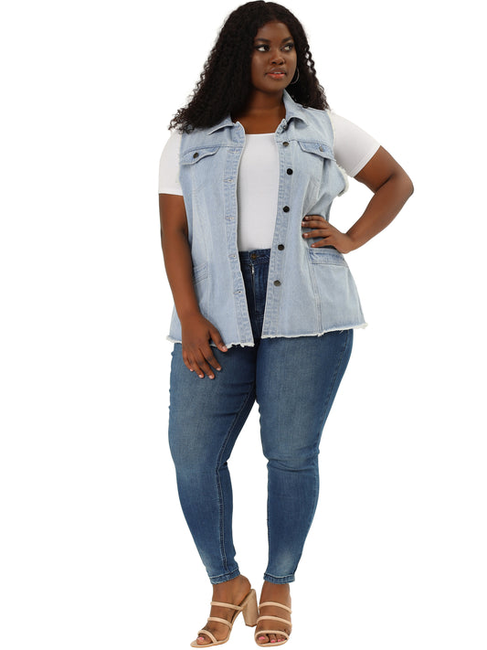 Chaqueta vaquera de talla grande para mujer, con botones, solapa delantera, deshilachada, lavada, sin mangas, chaleco vaquero largo