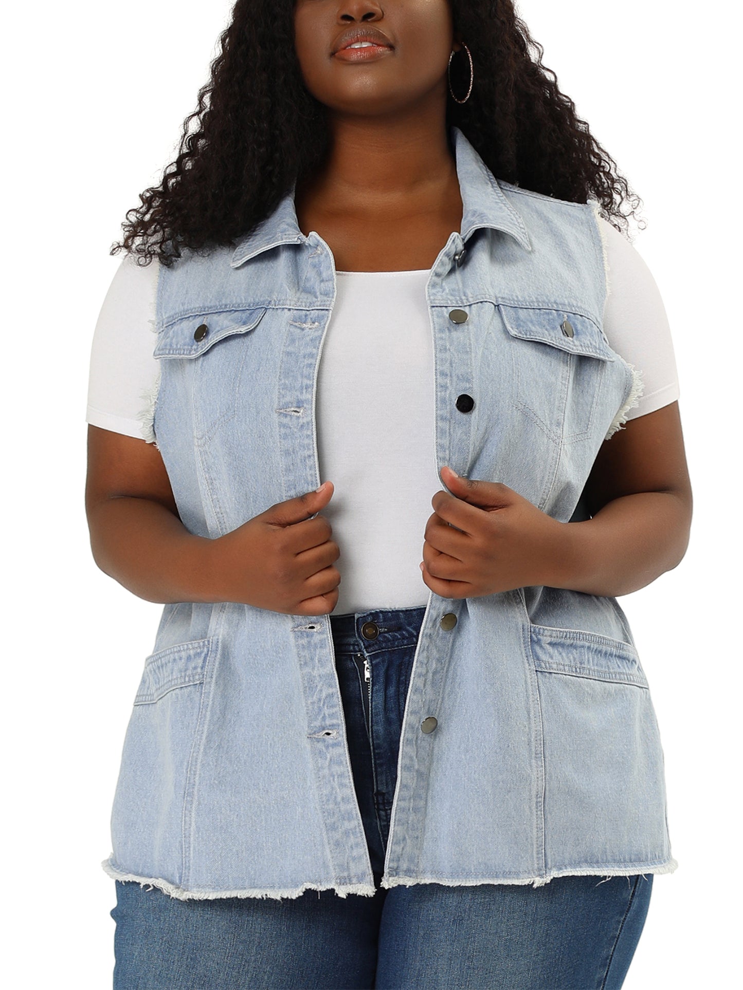 Chaqueta vaquera de talla grande para mujer, con botones, solapa delantera, deshilachada, lavada, sin mangas, chaleco vaquero largo