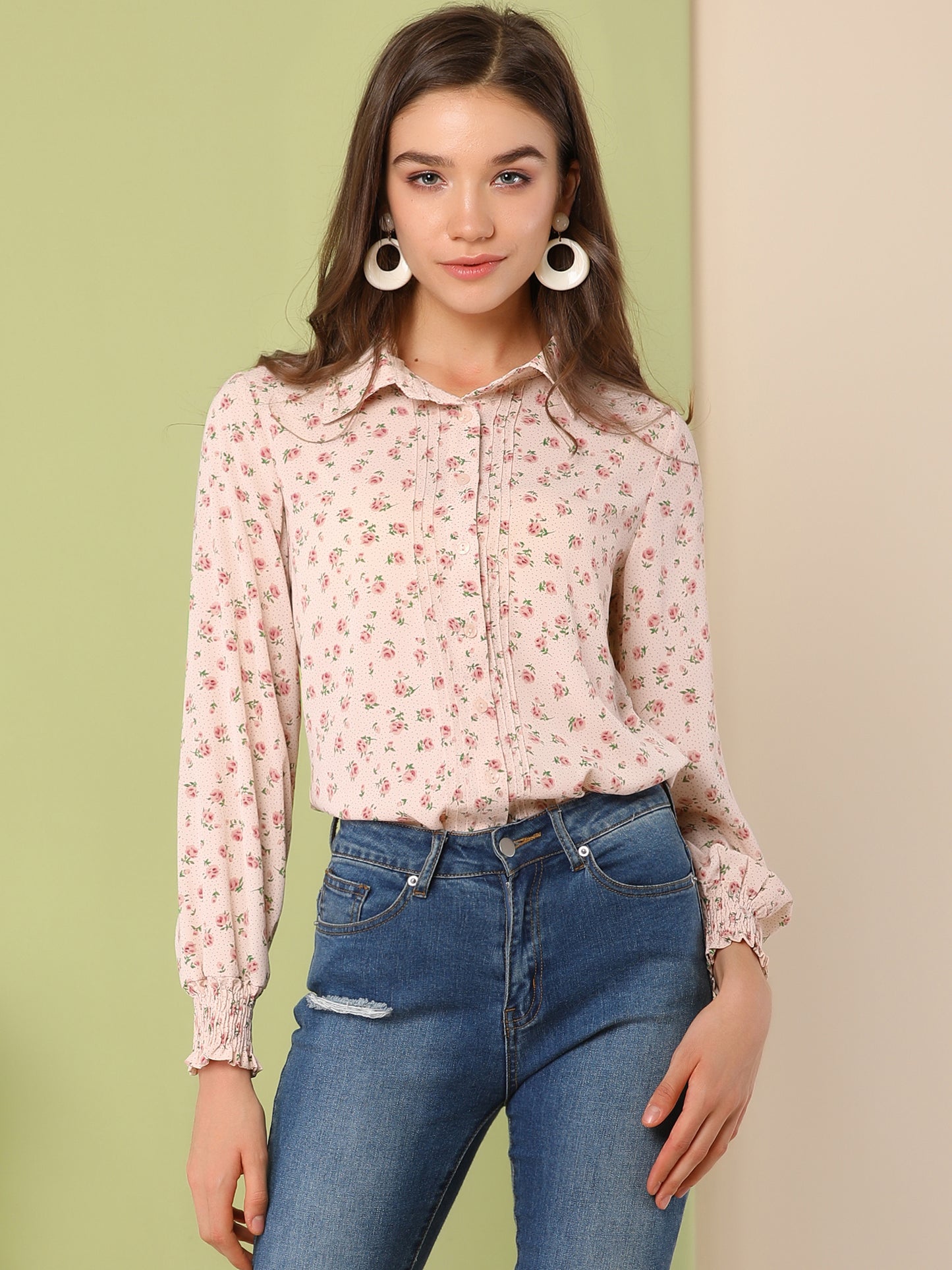 Women's Casual Point Collar Long Sleeve Blouse Floral Button Down Shirt