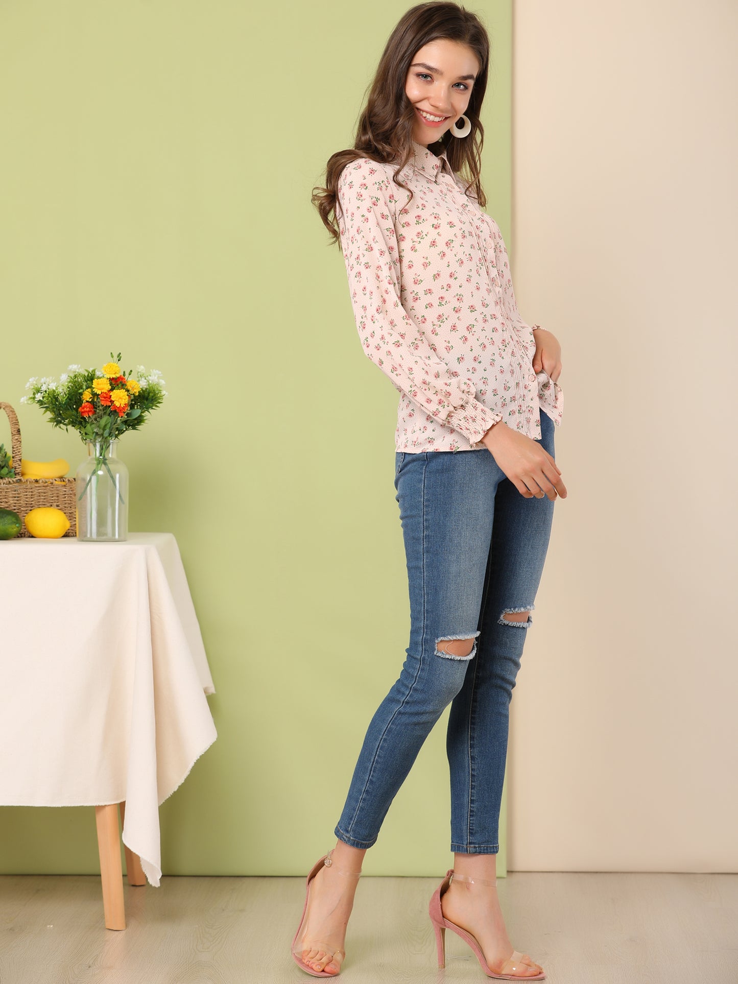 Women's Casual Point Collar Long Sleeve Blouse Floral Button Down Shirt