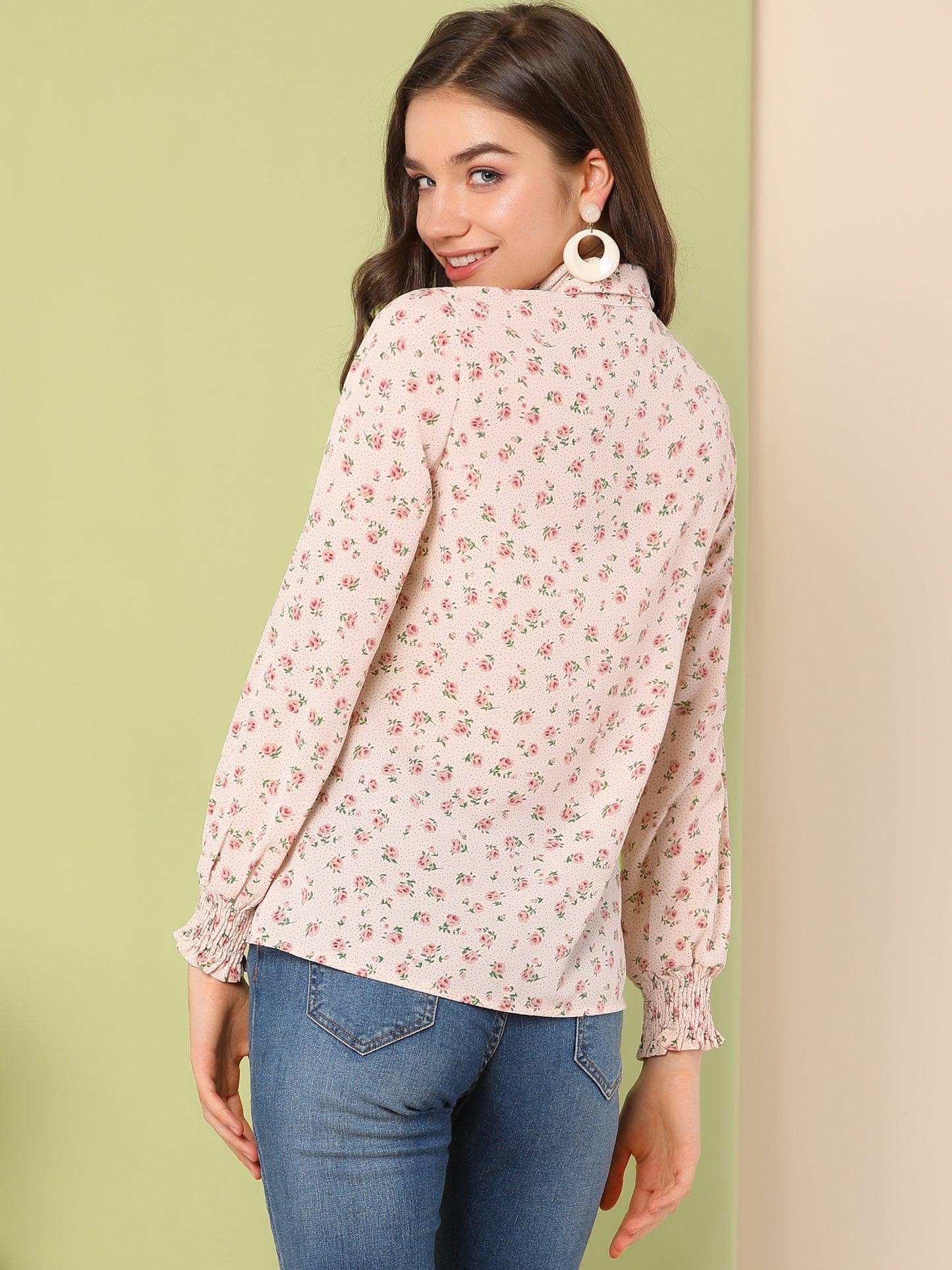 Women's Casual Point Collar Long Sleeve Blouse Floral Button Down Shirt