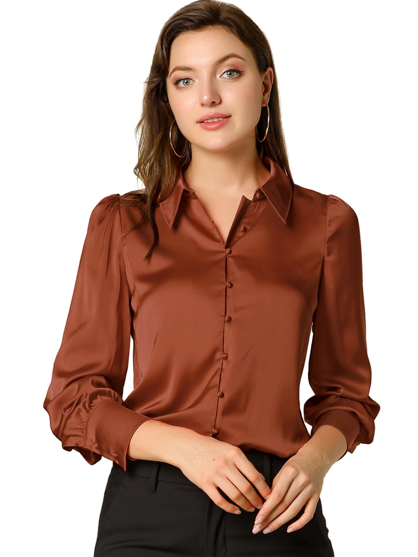 Women's Satin Puff Sleeve Collared Work Office Dressy Button Up Shirt, Deep Colors