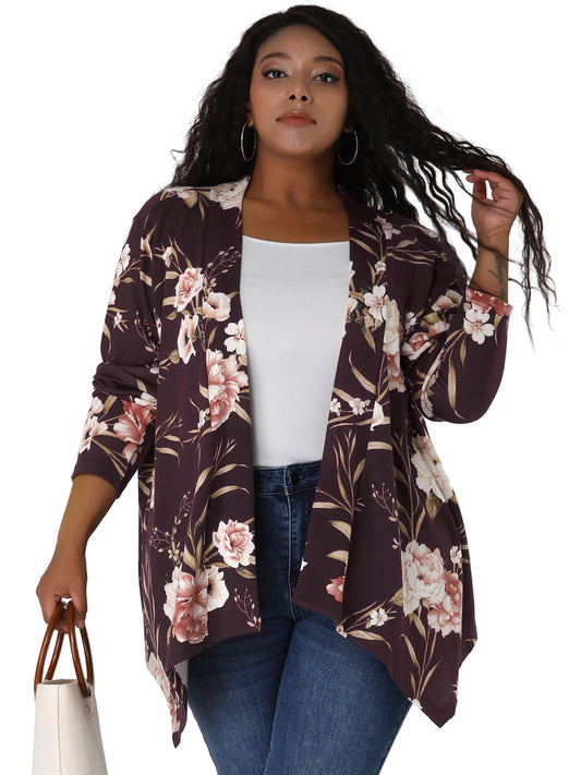 Women's Plus Size Cardigans Open Front Asymmetric Hem Printed Lightweight Jacket Fall Knit Cardigan